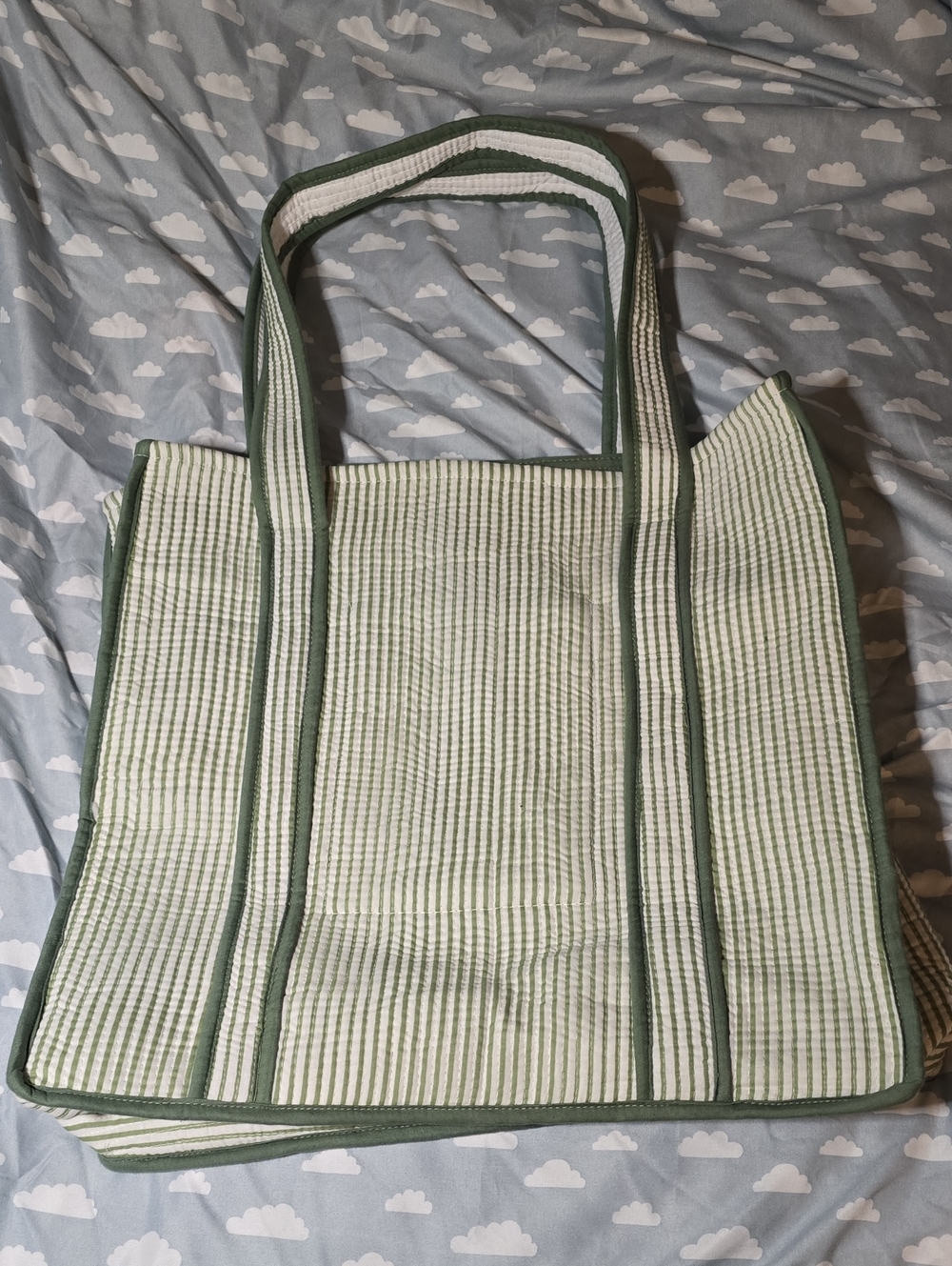 Green and White Striped Tote Bag - Casual Everyday Carry